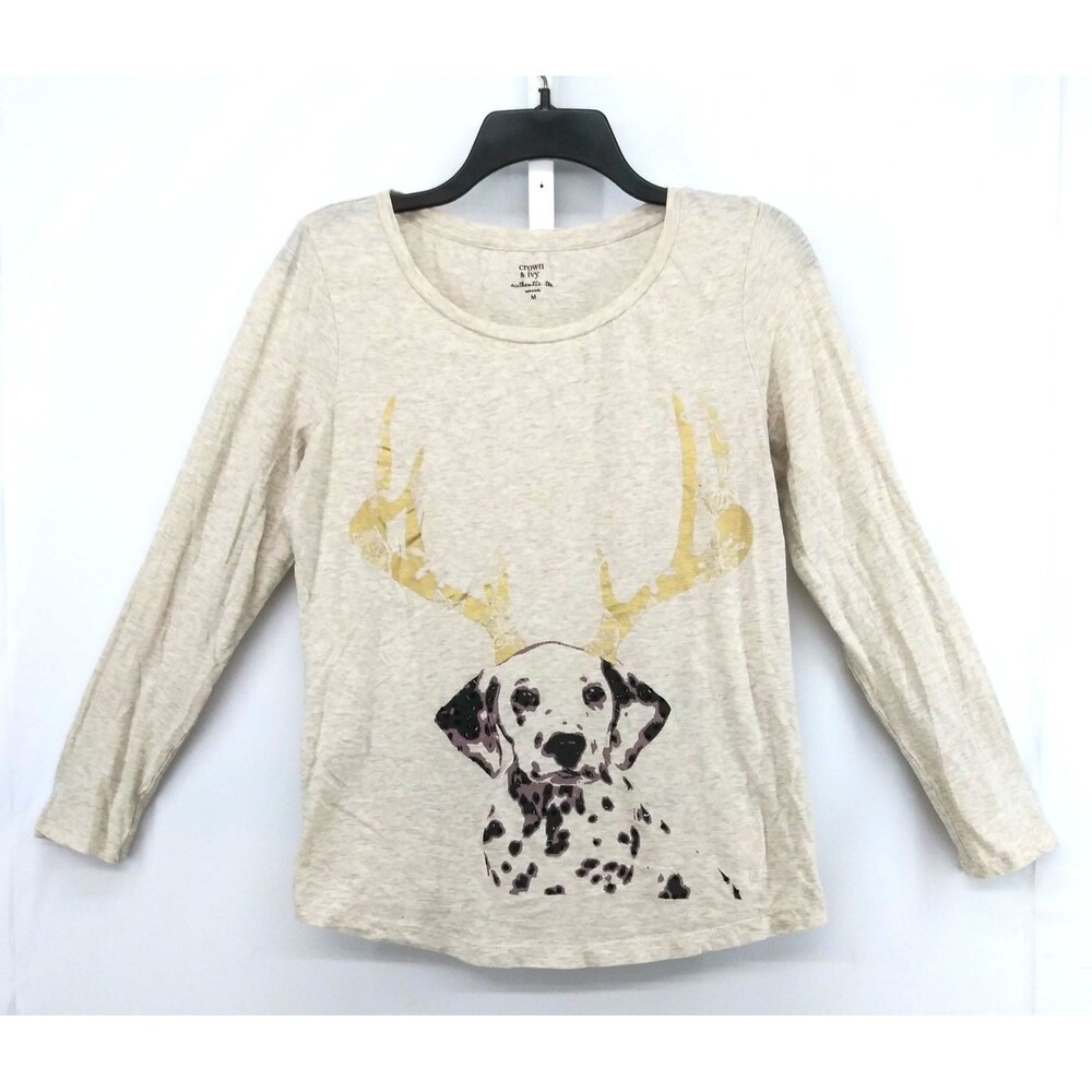 Crown & Ivy Shirt Women Size M Beige Dog with Antlers Beaded Long Sleeve Holiday